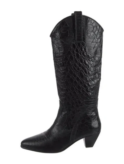 Pre-owned By Far Embossed Leather Western Boots In Black