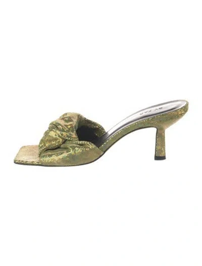 Pre-owned By Far Glitter Patterned Slides In Green