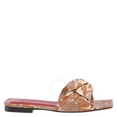 By Far Ladies Almond Knotted Snake-print Slides In Gold