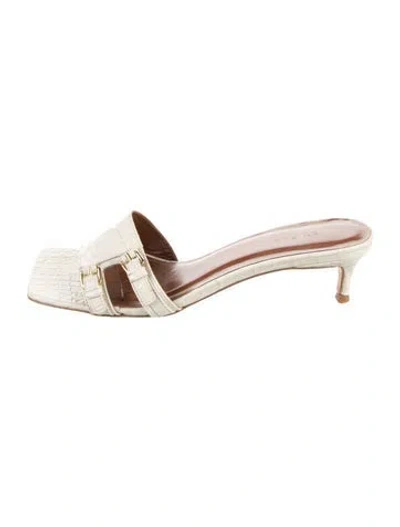 Pre-owned By Far Leather Animal Print Slides In Neutrals