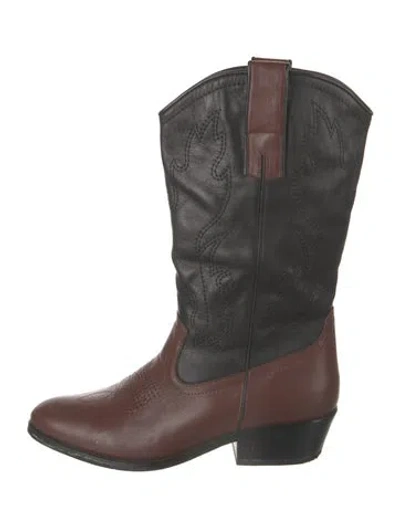 Pre-owned By Far Leather Embroidered Accent Western Boots In Brown