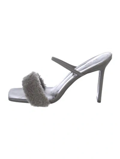 Pre-owned By Far Leather Fur Trim Slides In Gray