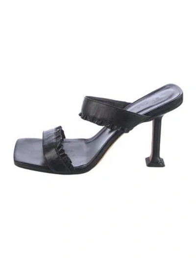 Pre-owned By Far Leather Ruffle Embellishment Slides In Black