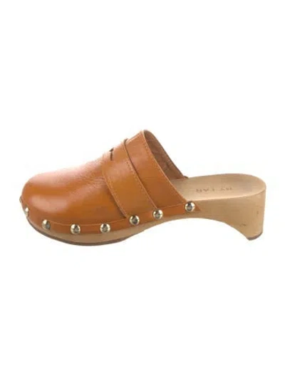 Pre-owned By Far Leather Studded Accents Mules In Orange