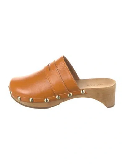 Pre-owned By Far Leather Studded Accents Mules In Orange
