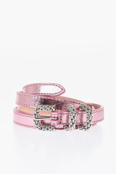 By Far Metallic Letaher Slim Fit Belt 20mm In Pink