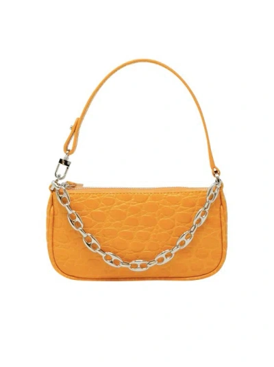 By Far Mini Rachel Orange Croco Leather Handbag In Brown