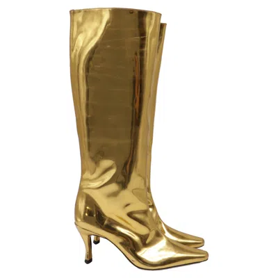 Pre-owned By Far Pointed-toe Knee-high Boots In Metallic Gold Leather