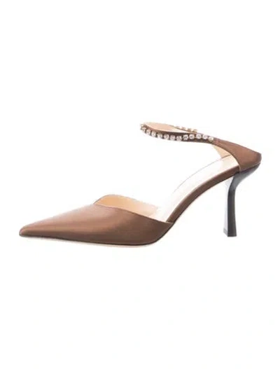 Pre-owned By Far Satin Crystal Embellishments Pumps In Brown