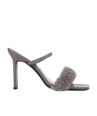 BY FAR SHEARLING STRAP OPEN TOE HEELS