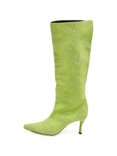 Pre-owned By Far Stevie Perforated Knee-length Boots In Green
