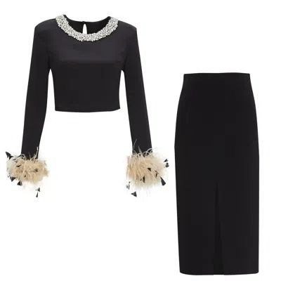 By Felizia Black Embellished Crop-top & Midi Skirt Co-ord Set