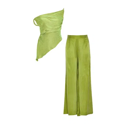 By Felizia Talia Co-ord Set With Asymmetrical Top & Wide Pants In Green