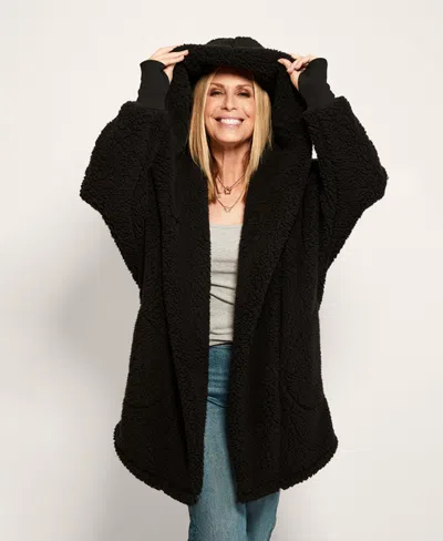 By Jill Martin Hooded Sherpa Button Front Lounger Jacket In Black