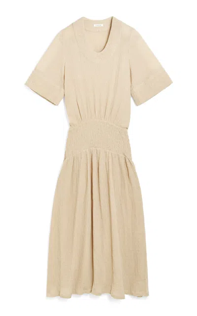 By Malene Birger Anais Shirred Ramie-cotton Maxi Dress In Brown