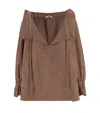 By Malene Birger Ruffled V-neck Suede Blouse With Drawstring Closure In Brown