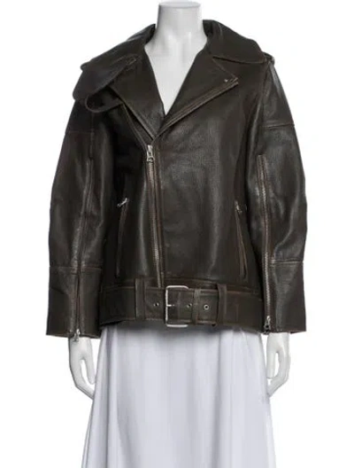 Pre-owned By Malene Birger Calf Leather Biker Jacket In Green