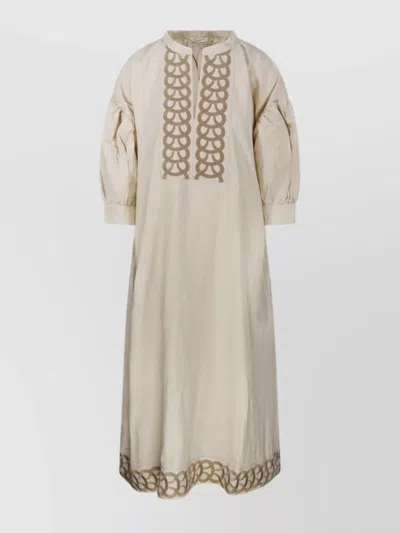 By Malene Birger Embroidered Detail Midi Length Puff Sleeves Dress In Oyster Gray