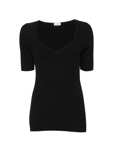 By Malene Birger Feddea Ribbed-knit V-neck T-shirt In Black