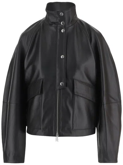 By Malene Birger High Collar Black Leather Jacket With Flap Pockets