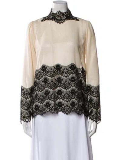 Pre-owned By Malene Birger Lace Pattern Mock Neck Blouse In White