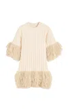 By Malene Birger Lina Shearling-trimmed Knit Cotton Mini Dress In Off-white