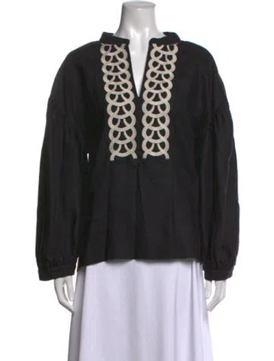 Pre-owned By Malene Birger Linen V-neck Top In Black