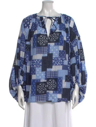 Pre-owned By Malene Birger Patterned Tie Neck Blouse In Blue