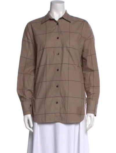 Pre-owned By Malene Birger Plaid Print Long Sleeve Button-up Top In Neutral