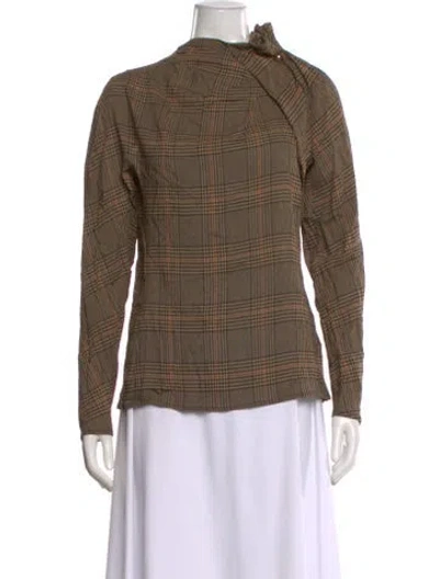 Pre-owned By Malene Birger Plaid Print Tie Neck Blouse In Brown