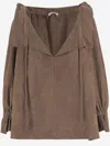 By Malene Birger Ruffled V-neck Suede Blouse With Drawstring Closure In Multi