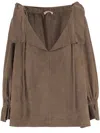 By Malene Birger Ruffled V-neck Suede Blouse With Drawstring Closure In Brown
