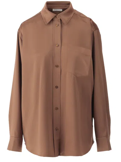 By Malene Birger Satin Shirt With Pointed Collar And Curved Hem In Brown