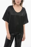 BY MALENE BIRGER SOLID COLOR SATIN CREW-NECK BLOUSE