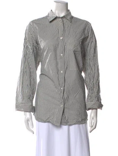 Pre-owned By Malene Birger Striped Three-quarter Sleeve Button-up Top In Gray