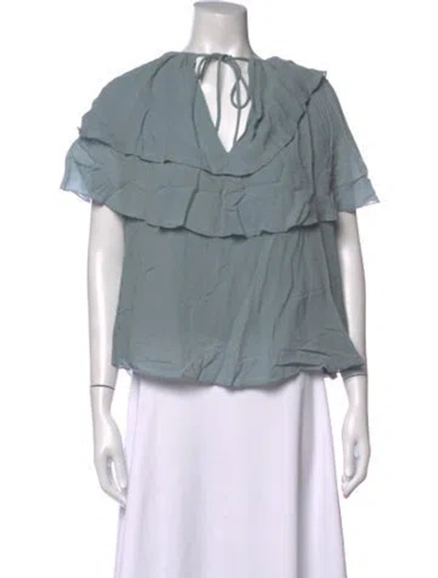 Pre-owned By Malene Birger Tie Neck Short Sleeve Top In Blue
