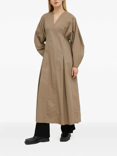 By Malene Birger V-neck Balloon-sleeve Midi Dress In Brown
