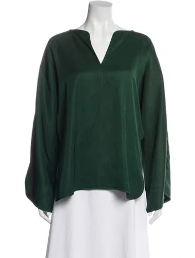 Pre-owned By Malene Birger V-neck Long Sleeve Top In Green