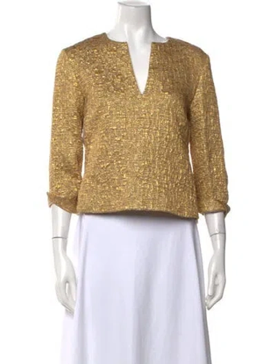 Pre-owned By Malene Birger V-neck Three-quarter Sleeve Top In Gold