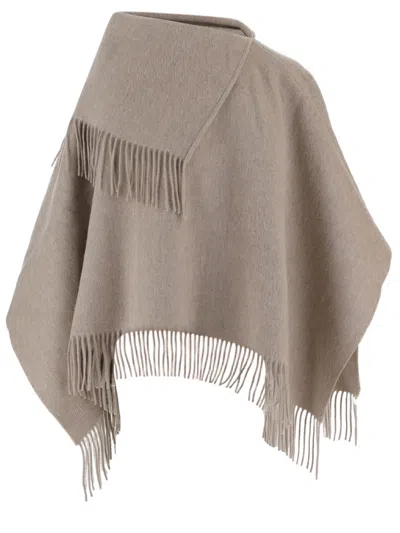 By Malene Birger Wool Poncho With Fringed Edges In Solid Beige In Gray