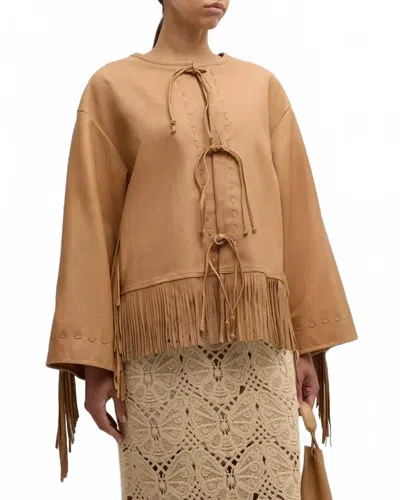By Malene Birger Zoena Tie Front Fringe Leather Jacket In Tan In Multi