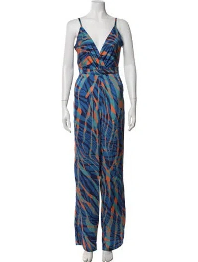 Pre-owned By Malina Patterned V-neck Jumpsuit In Blue