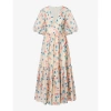 BY MALINA MALINA WOMEN'S FLORALS FREYA FLORAL-PRINT PUFF-SLEEVE LINEN-BLEND MIDI DRESS