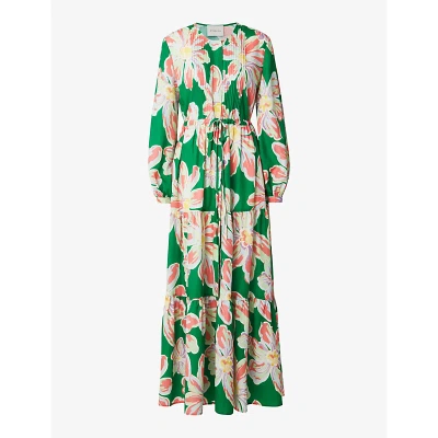 By Malina Womens Green Lily Casey Floral-print Long-sleeve Woven Maxi Dress
