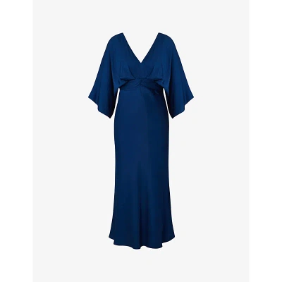 By Malina Womens Midnight Blue Juno V-neck Wide-sleeve Satin Midi Dress