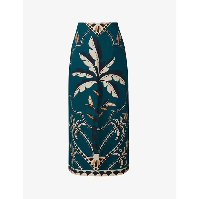 By Malina Womens Desert Palm Dune Floral-print Straight-fit Linen-blend Midi Skirt