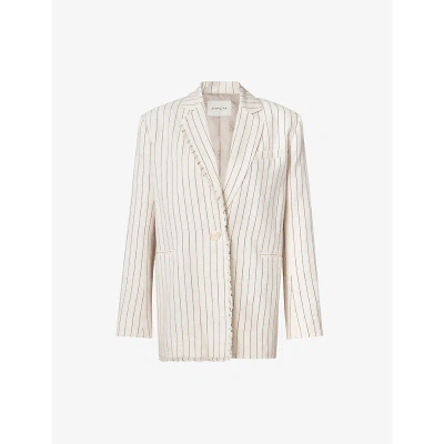 By Malina Womens Natural Pinstripe Ariana Fringe-trim Relaxed-fit Linen Blazer