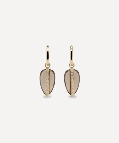 By Pariah 14ct Gold Diamond Pebble Smokey Quartz Drop Earrings