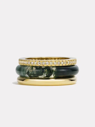 By Pariah Slim Classic Ring Stack Moss Agate | White Diamond In Brown