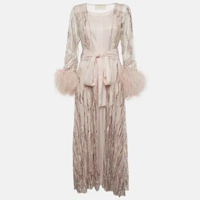 Pre-owned By Reem Al Dhaheri By Reem Aldhaheri Pink Satin And Tulle Embellished Kaftan Set S